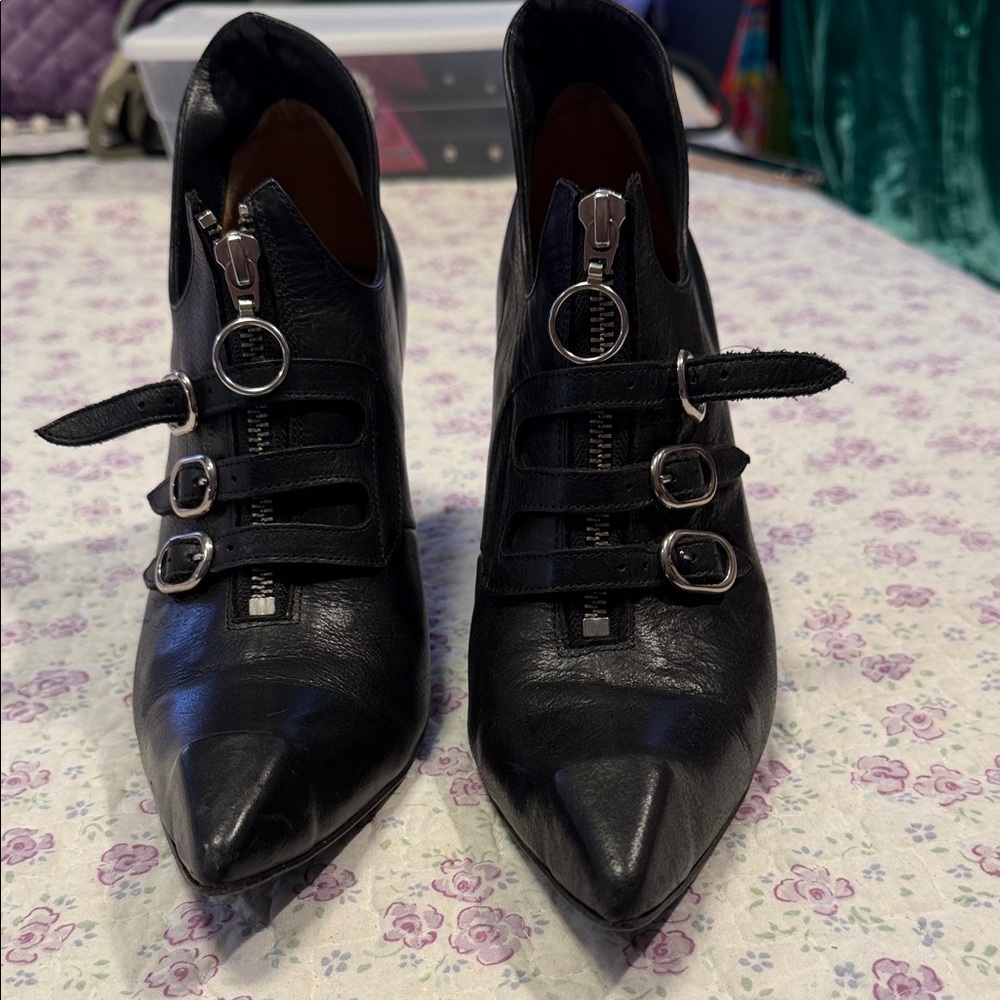 John Fluevog Black Pointed Toe Buckle & Zip Ankle Heels